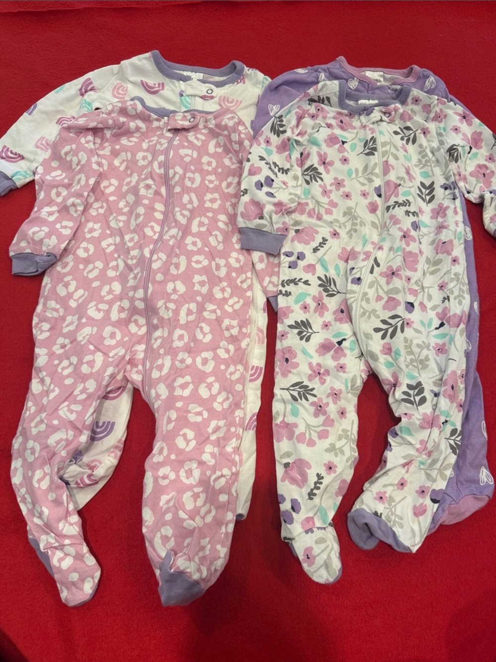 Baby Girls' Pink Floral, rainbow, heart &Leopard Print Footed One-Piece Sleepers
